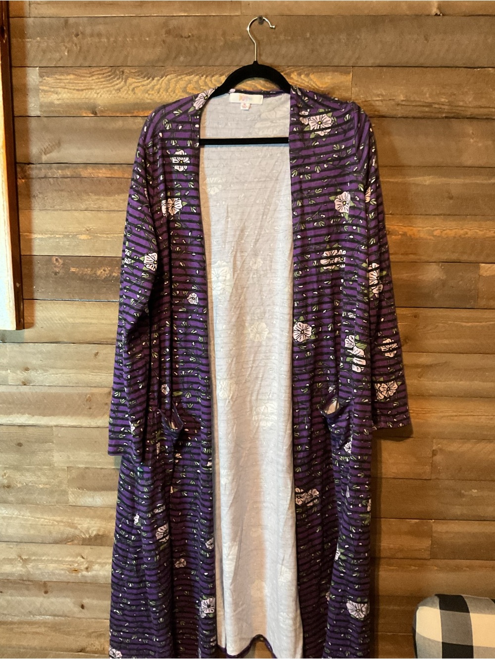 Lularoe Sarah Long Cardigan Duster Purple Black Stripe Floral Print Size XL